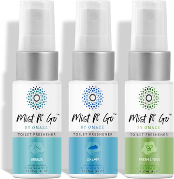 Mist N' Go by OMAZE Pack of 3 Toilet Spray for Poop - Bathroom Spray Odor Eliminator Use Before You Sit On Toilet - Bathroom Poop Spray For Toilet Use For Travelling - Mix Clean Pocket Size (1oz x3)