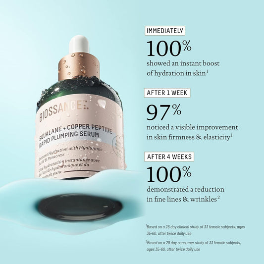 Biossance Squalane + Copper Peptide Rapid Plumping Serum - Face Serum For All Skin Types - Visibly Plumping + Firming Skin, Fine Lines + Wrinkles, Vegan Copper Peptides, Hyaluronic Acid