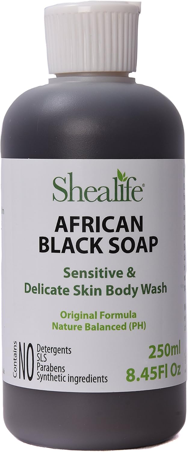 African Black Soap Liquid, 250ml, 8.45 Fl Oz, using Shea Butter, & Virgin Coconut Oil. Contains No SLS, Detergents & Parabens. Ideal for very Sensitive Skin types. Unscented