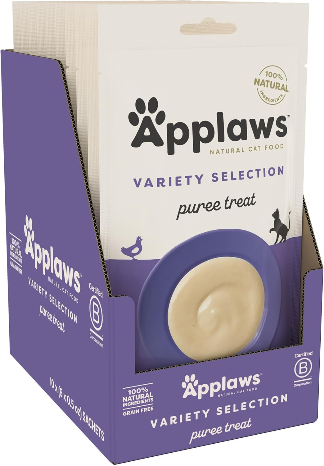 Applaws Lickable Cat Treats, Natural Grain-Free Purée, Limited Ingredient, Variety Of Chicken, Tuna, & Salmon Squeeze Up Cat Treats (60 X 0.5 Oz Sachets)