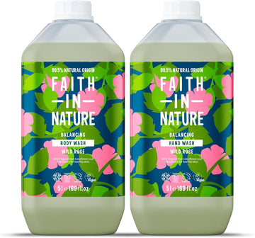 Faith In Nature Natural Wild Rose Hand Wash And Body Wash Set, Vegan & Cruelty Free, No Sls Or Parabens, 2 X 5L Pack