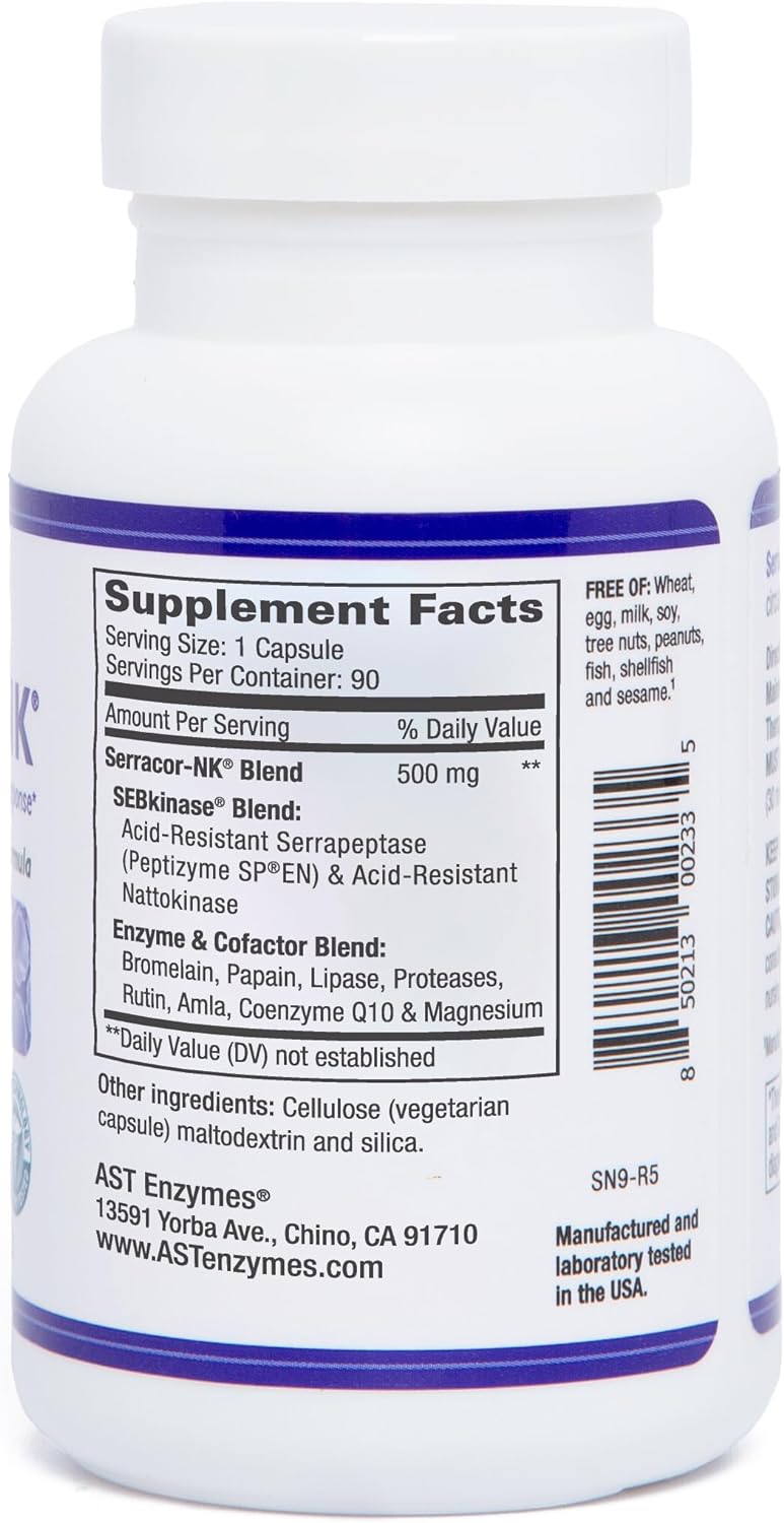 AST Enzymes Serracor-NK –Proteolytic Systemic Enzyme Formula – Contains Acid-Resistant Serrapeptase and Acid-Resistant Nattokinase - Circulatory and Respiratory Support – 90 Vegetarian Capsules : Health & Household