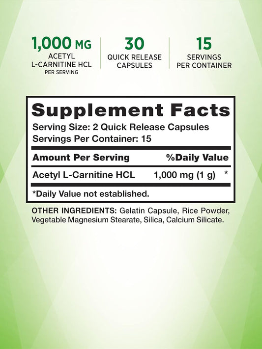 Acetyl L-Carnitine Hcl | 1000Mg | 30 Capsules | Alcar | Non-Gmo, Gluten Free Supplement | By Nature'S Truth