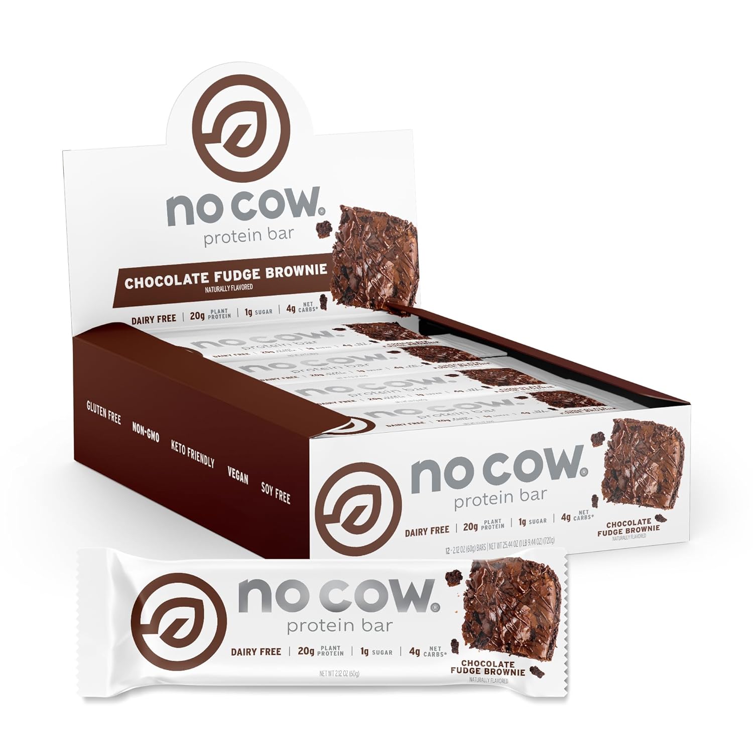 No Cow High Protein Bars, Chocolate Fudge Brownie - Healthy Snacks, 20G Vegan Protein, High Fiber, Low Sugar, Keto Friendly, Dairy & Gluten Free (12 Count)