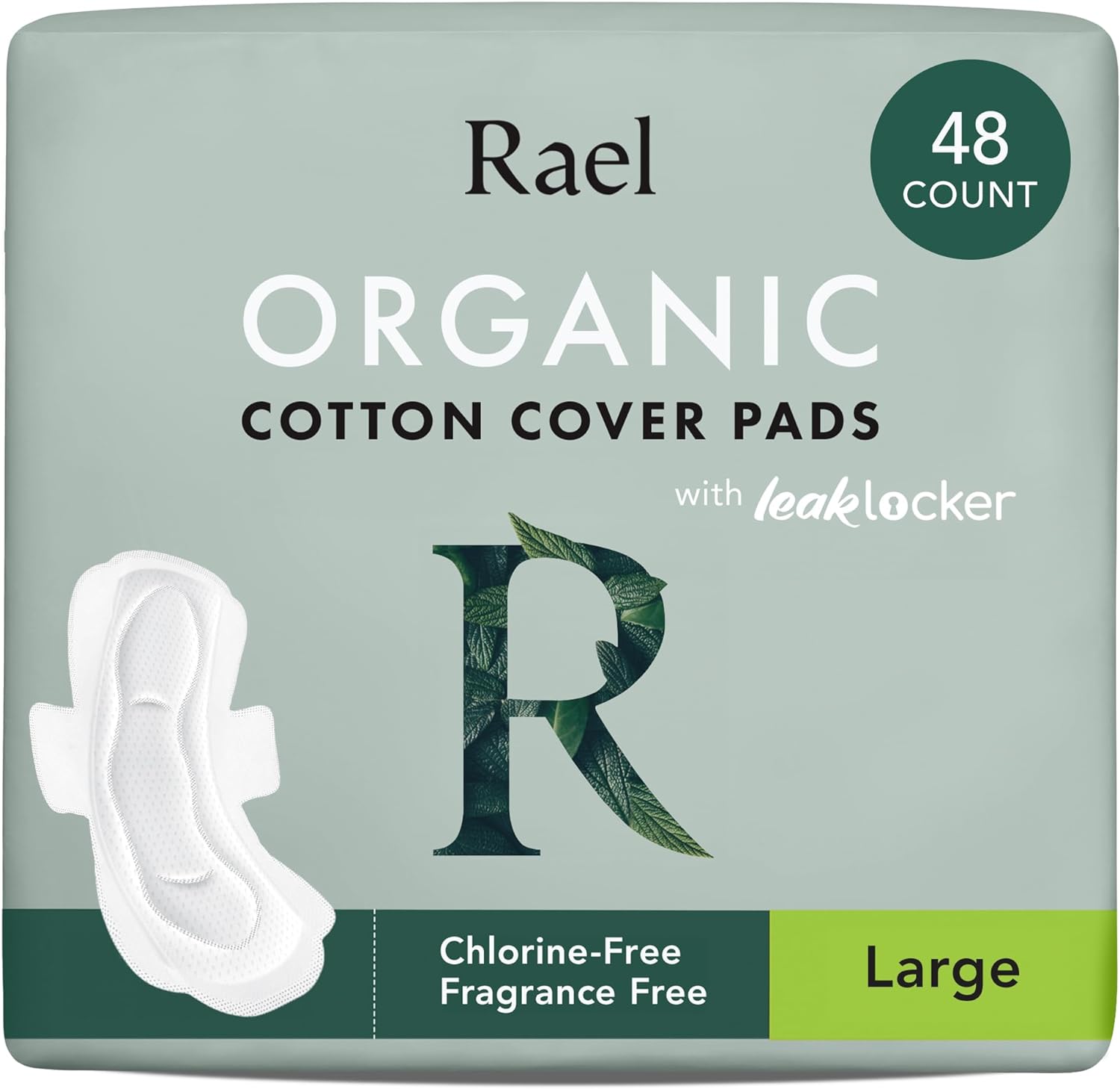 Rael Pads for Women, Organic Cotton Cover - Period Pads with Wings, Feminine Care, Sanitary Napkins, Heavy Absorbency, Unscented (Large, 48 Count)