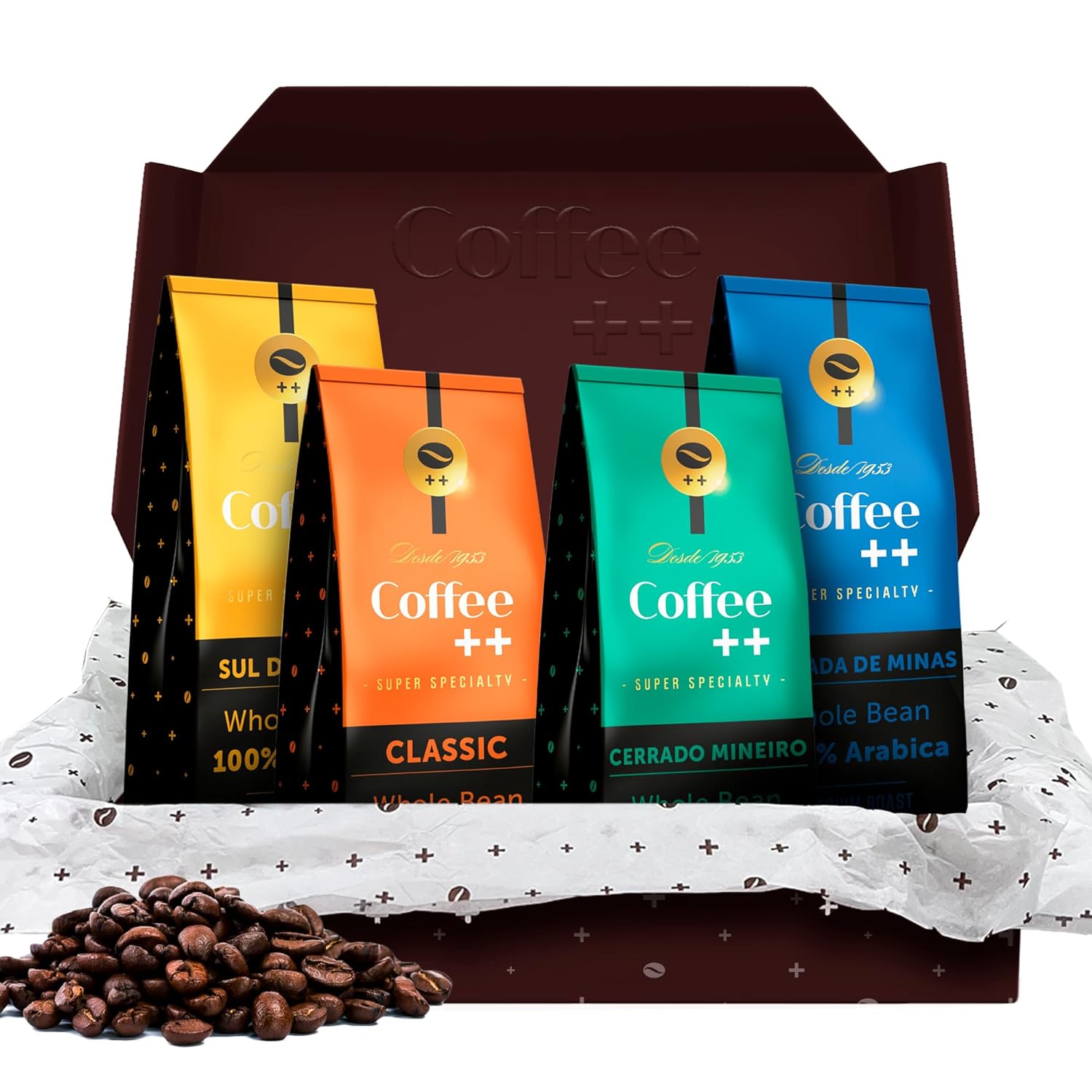 Coffee Plus Gift Set | Basket For Coffee Lovers | Gourmet Box Sampler | Medium Roast Whole Bean Specialty Coffee | Variety Pack | Selection Of 4 Assorted Flavors X 8.8Oz | 2.2 Lbs