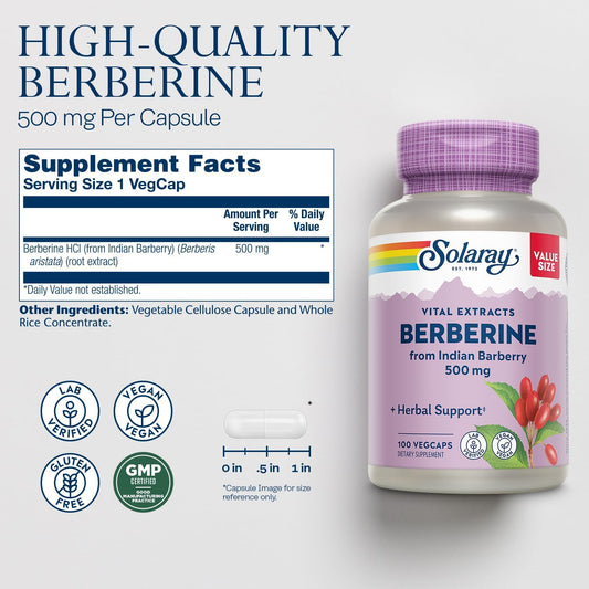 Solaray Berberine 500Mg - Berberine Supplement For A Healthy, Active Lifestyle - With Berberine Hcl From Indian Barberry - Vegan, Non-Gmo, 60-Day Guarantee, Lab Verified - 100 Servings, 100 Vegcaps