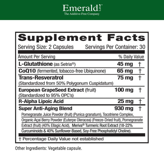 EMERALD LABS Anti-Aging Cellular Complex - Formulated with L-Glutathione, Resveratrol, CoQ10, Grapeseed Extract, and Alpha Lipoic Acid - 60 Vegetable Capsules
