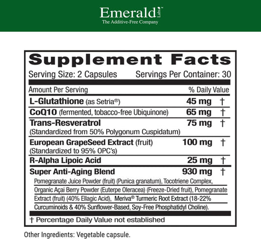 Emerald Labs Anti-Aging Cellular Complex - Supports Healthy Aging & Liver Health With Setria L-Glutathione, Coq10, R-Alpha Lipoic Acid, Resveratrol & More - 60 Vegetable Capsules (30-Day Supply)