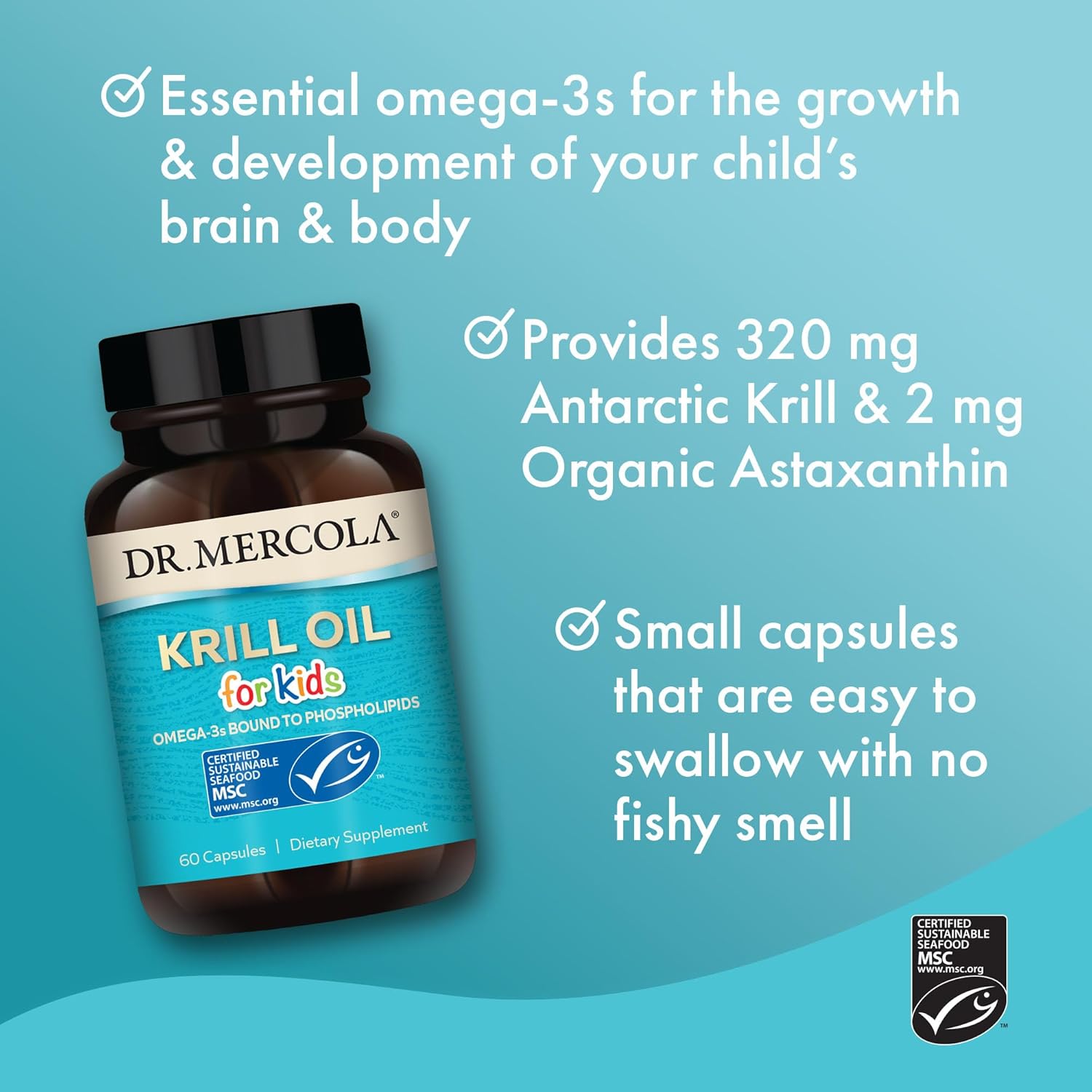 Dr. Mercola Krill Oil For Kids - 320 Mg Krill Oil - Msc Certified - Supports Brain & Body Development - Phospholipid Form For Absorption - Non-Gmo, Gluten-Free & Soy-Free - 60 Capsules : Health & Household