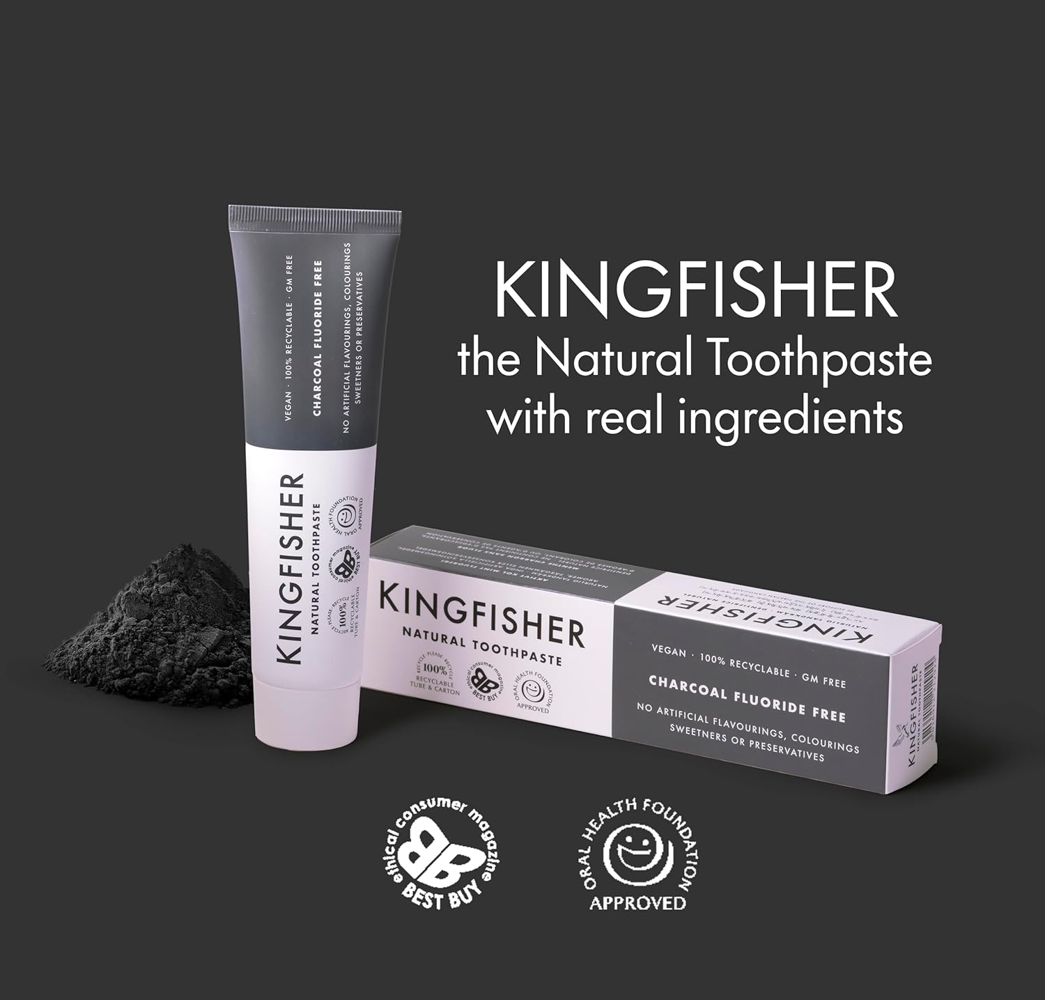 Kingfisher Natural Toothpaste Charcoal Mint Fluoride-Free | Vegetarian & Vegan | Oral Health Foundation Approved | Gluten-Free & GM-Free | Ethical Consumer Best Buy | 1x100ml Tube : Amazon.co.uk: Health & Personal Care