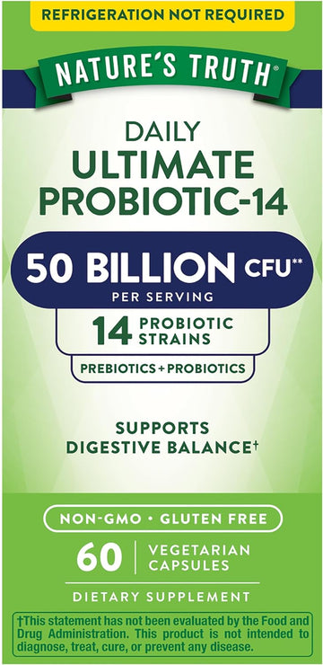 Nature'S Truth Probiotic 50 Billion Cfu | 200Mg Prebiotics | 60 Capsules | Vegetarian, Non Gmo & Gluten Free Supplement For Men And Women | Supports Digestive Health