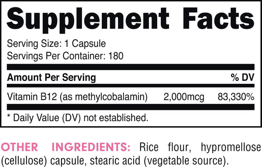 Bucked Up Vitamin B12 2000Mcg - Methylcobalamin, Essentials (180 Servings, 180 Capsules)