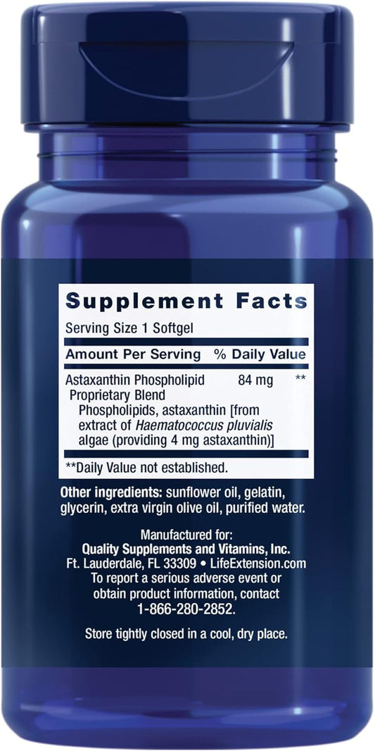 Life Extension Astaxanthin with Phospholipids 4 mg - For Eye & Heart Health + Metabolic & Cardiovascular Health - Supports Inammatory & Immune Response - Gluten Free, Non-GMO - 30 Softgels