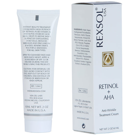 Rexsol Retinol + Aha Anti-Wrinkle Treatment Cream | With Pure Vitamin A And Vitamin E | Beeswax | Effectively Diminishing Fine Lines & Wrinkles, Age Spots & Pigment.(60 Ml / 2 Fl Oz)