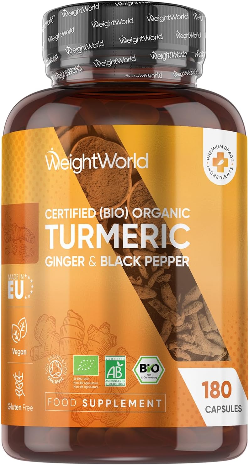 Organic Turmeric Capsules - 180 Capsules - With Organic Ginger & Black Pepper - Turmeric Supplement For Both Men & Women - Easy To Swallow - Vegan & Gluten-Free - Made In Eu