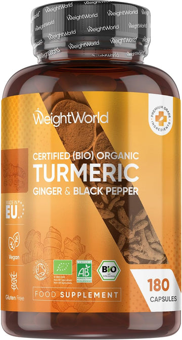 Organic Turmeric Capsules - 180 Capsules - With Organic Ginger & Black Pepper - Turmeric Supplement For Both Men & Women - Easy To Swallow - Vegan & Gluten-Free - Made In Eu