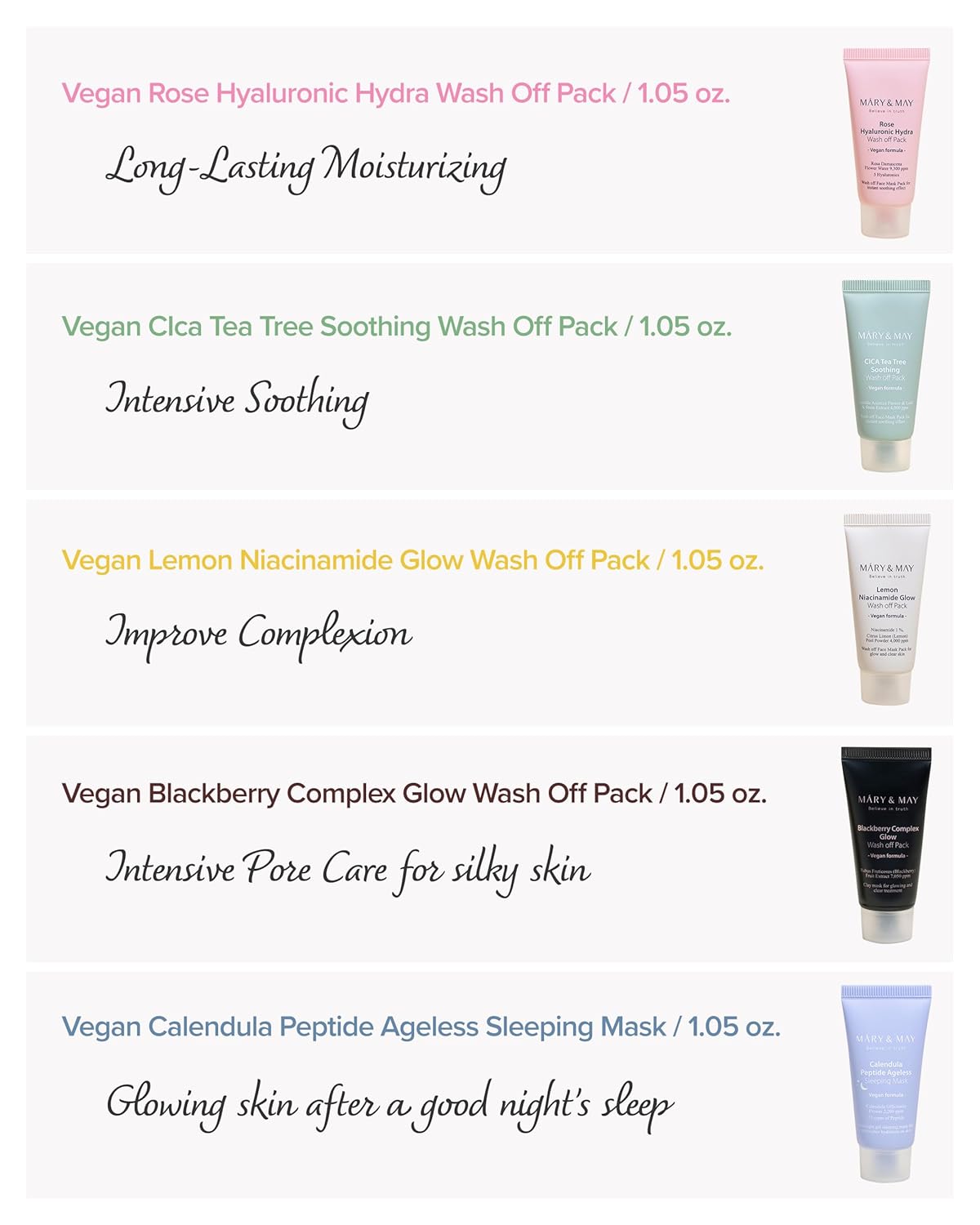 Mary&May Vegan Wash Off Mask Mini Gift Set - Cica Tea Tree, Rose Hyaluronic, Lemon Niacinamide, Blackberry Complex, Calendula Peptide - Soothing, Hydrating, Radiant Skin, Anti-Aging, 1.01Oz. 5 Pack