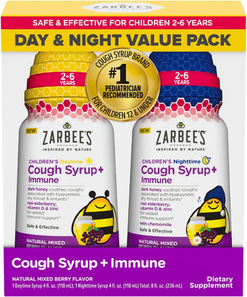 Zarbee'S Kids Cough + Immune Day/Night Value Pack For Children 2-6 With Dark Honey, Vitamin D & Zinc, #1 Pediatrician Recommended, Drug & Alcohol-Free, Mixed Berry Flavor, 2X4Fl Oz