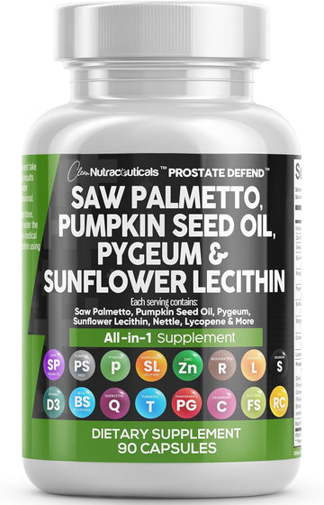 Clean Nutraceuticals Saw Palmetto 10000Mg Pumpkin Seed Oil 3000Mg Pygeum 3000Mg Sunflower Lecithin 3000Mg Stinging Nettle Cranberry - Prostate Supplements For Men With Lycopene - 90 Caps