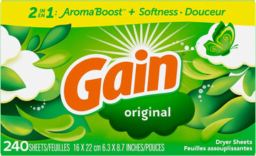 Gain Dryer Sheets, 240 Count, Original Scent Laundry Fabric Softener Sheets With 2-In-1 Aromaboost Plus Softness