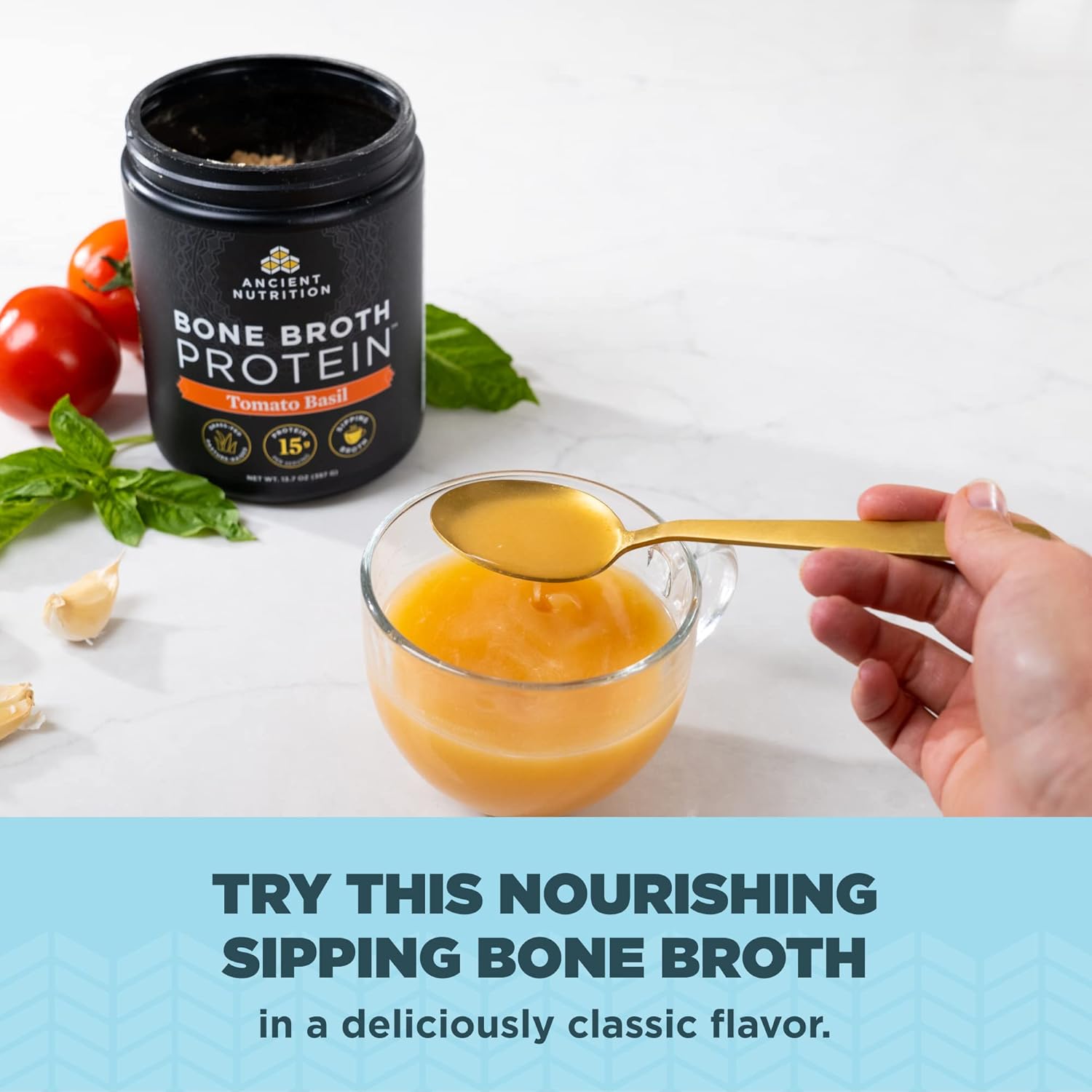 Ancient Nutrition Bone Broth Protein Powder, Tomato Basil, Grass-Fed Chicken and Beef Bone Broth Powder, 15g Protein Per Serving, Supports a Healthy Gut, 15 Servings : Health & Household