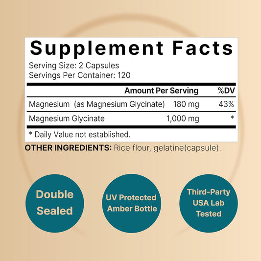 Naturebell Magnesium Glycinate Supplement 1,000Mg | 500Mg Per Capsule, 240 Pills | 100% Chelated & Purified – Non-Gmo & Gluten Free