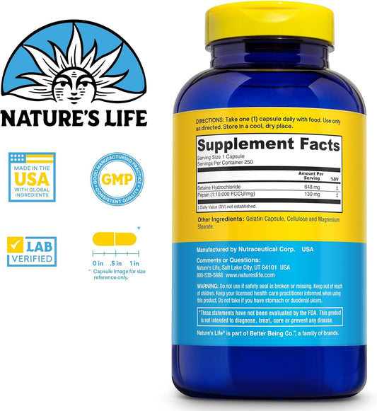 Nature'S Life, Betaine Hcl, 648 Mg, 250 Capsules
