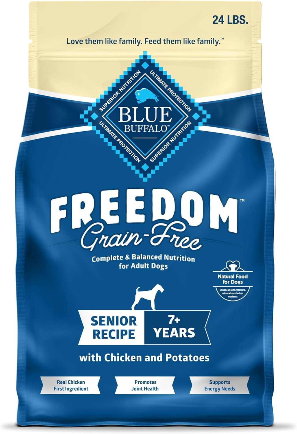 Blue Buffalo Freedom Grain-Free Senior Dry Dog Food, Provides Energy To Stay Active, Made In The Usa With Natural Ingredients, Chicken & Potatoes, 24-Lb. Bag