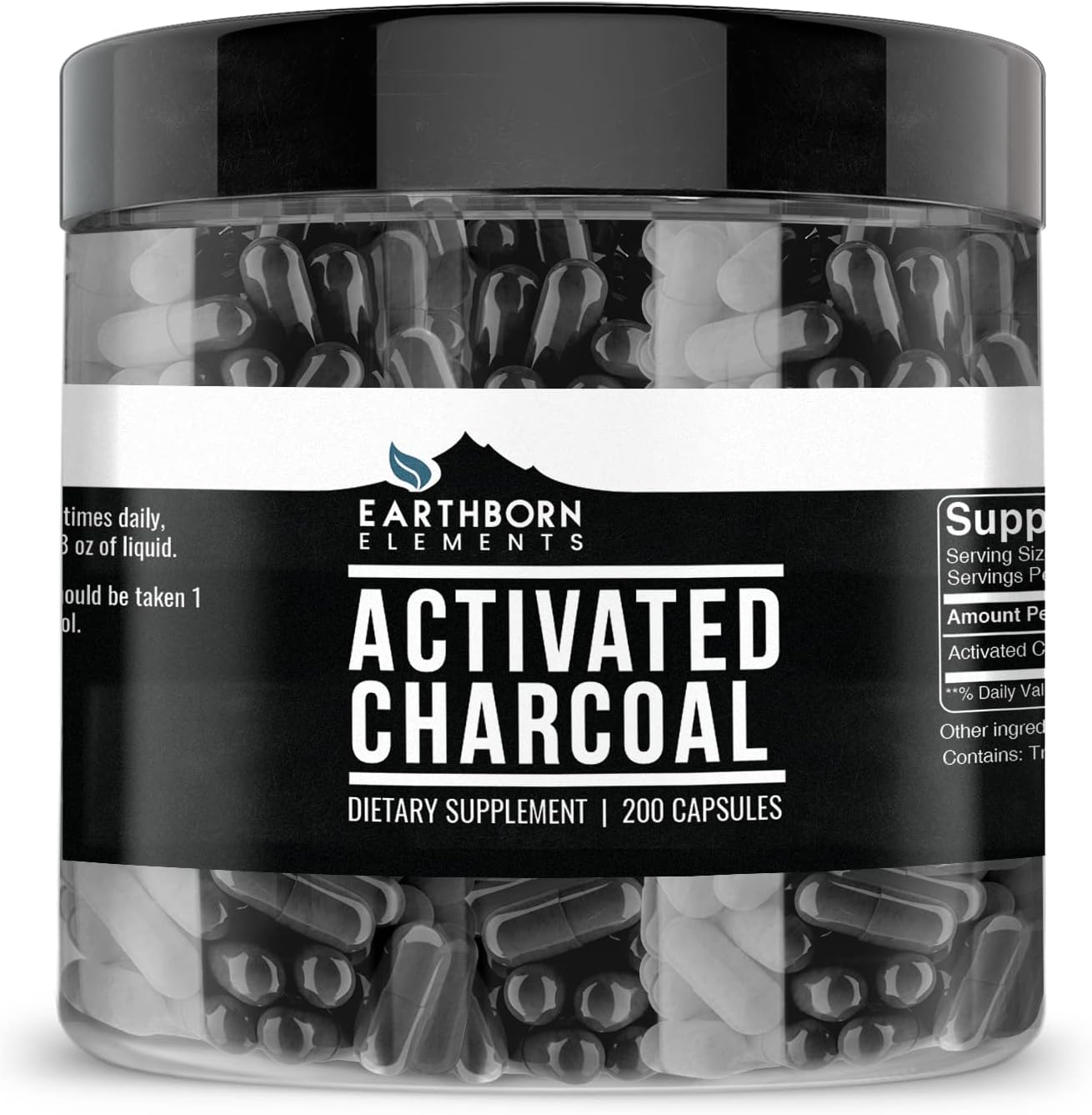 Earthborn Elements Activated Charcoal 200 Capsules, Pure & Undiluted, No Additives