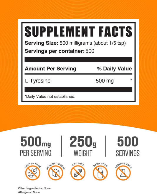 BulkSupplements.com L-Tyrosine Powder -Tyrosine Supplement, Tyrosine Powder, Tyrosine 500mg - Non-Essential Amino Acid Supplement, Gluten Free - 500mg per Serving, 250g (8.8 oz)