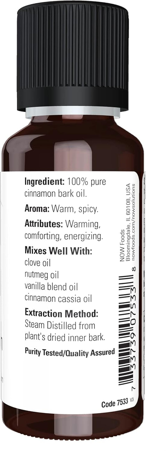 NOW Essential Oils, Cinnamon Bark Oil, Warming Aromatherapy Scent, Steam Distilled, 100% Pure, Vegan, Child Resistant Cap, 1-