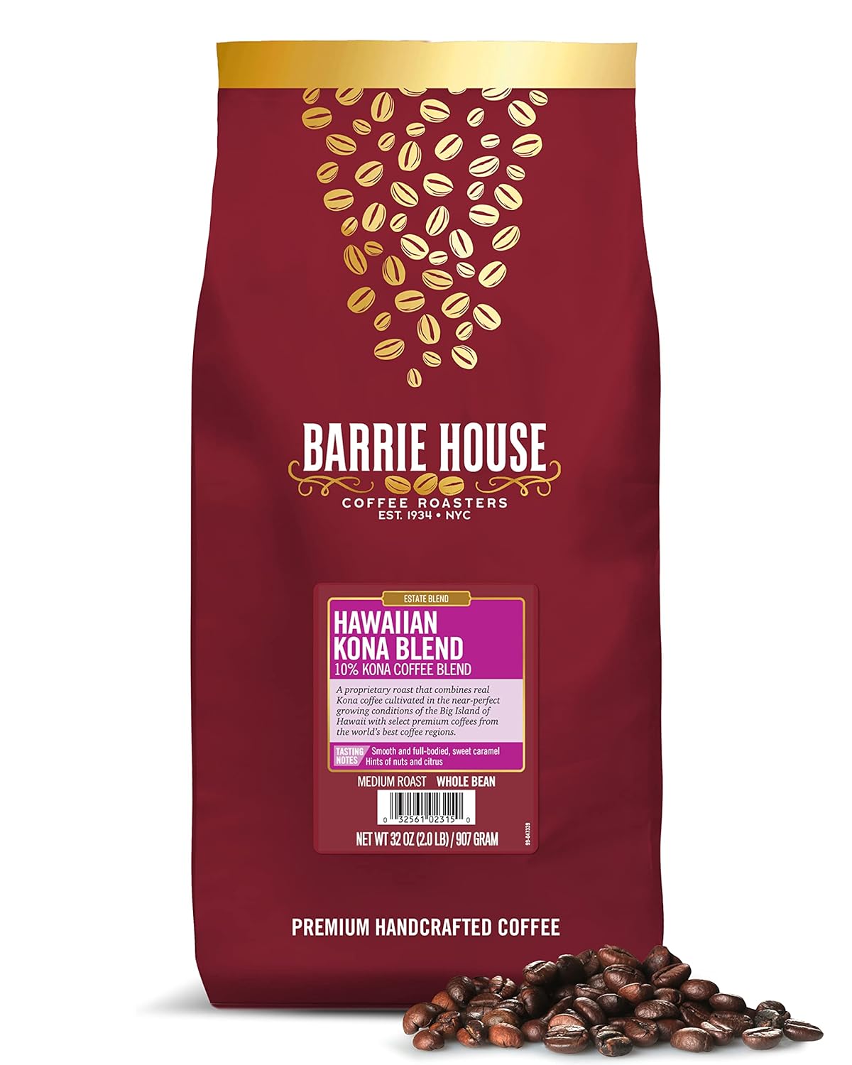 Barrie House 10% Hawaiian Kona Whole Bean Coffee Blend, 2 Lb Bag | Medium Roast | Smooth And Full-Bodied Flavor