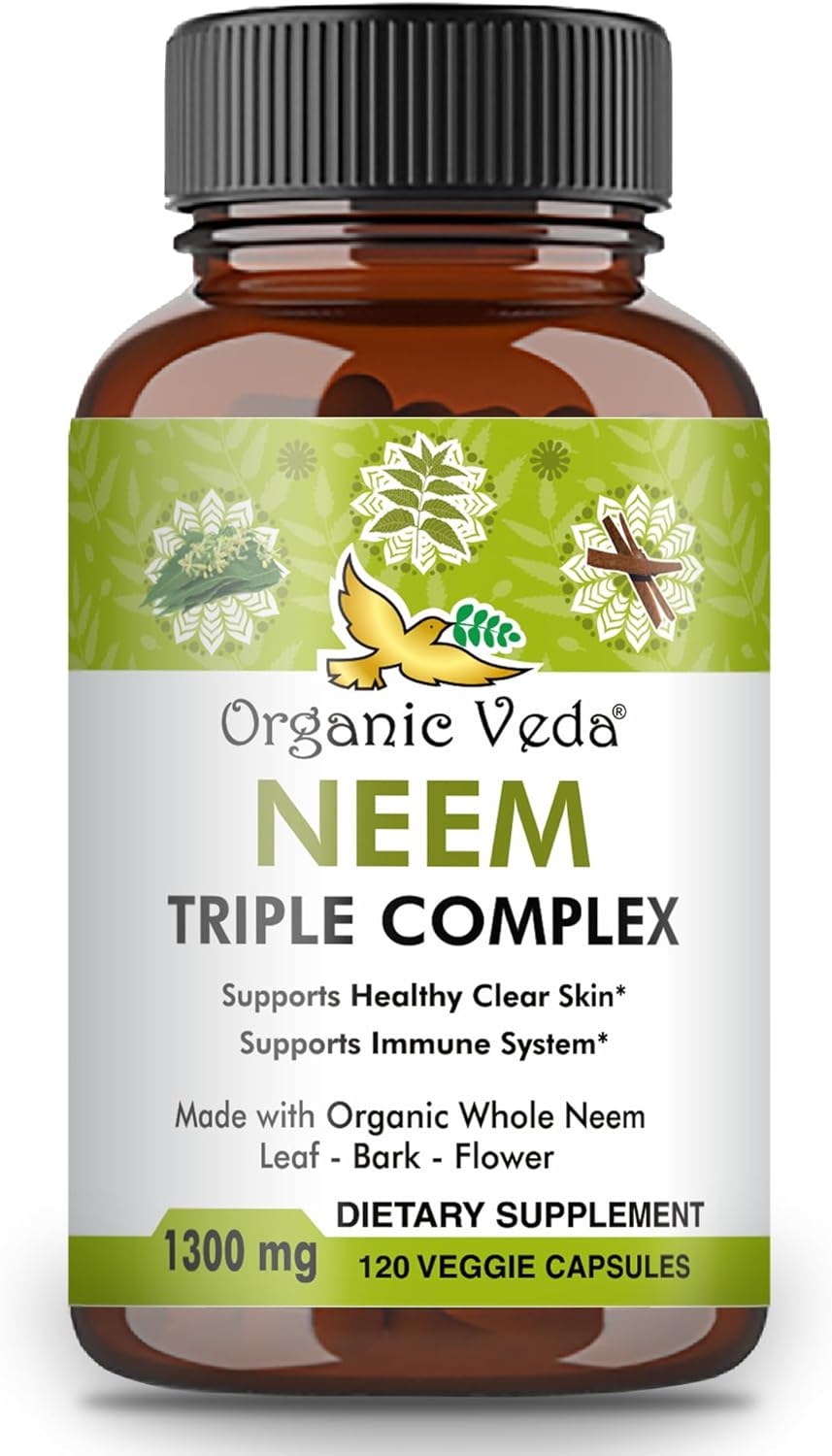 Organic Veda Neem Capsules, Triple Complex Neem Formula with Organic Neem Leaf Extract, Bark & Flower - Herbal Supplements for Clear Skin, Cleanse & Immunity - 120 Vegan Capsules