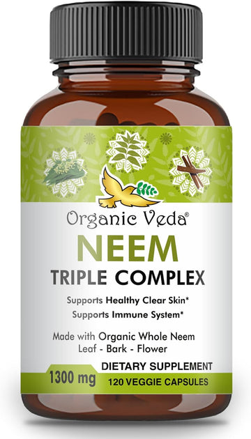 Organic Veda Neem Capsules, Triple Complex Neem Formula with Organic Neem Leaf Extract, Bark & Flower - Herbal Supplements for Clear Skin, Cleanse & Immunity - 120 Vegan Capsules