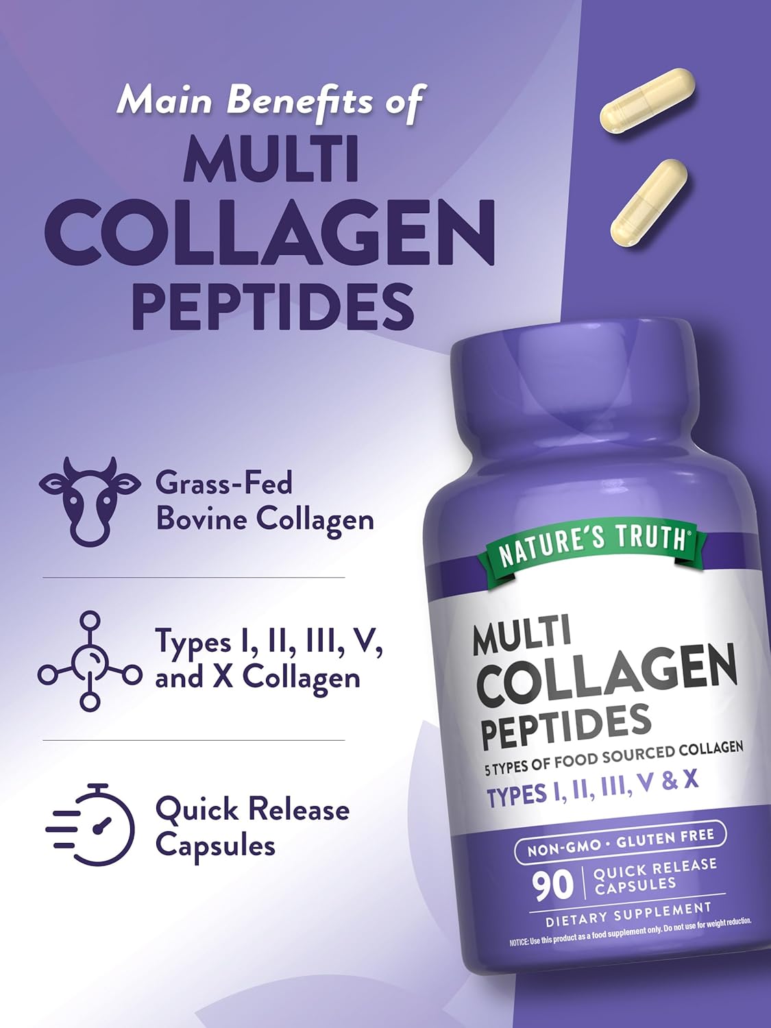 Nature's Truth Multi Collagen Peptides Capsules | Types I, II, III, V, X | 2000 mg | 90 Count | Keto Friendly | Non-GMO and Gluten Free Supplement : Health & Household