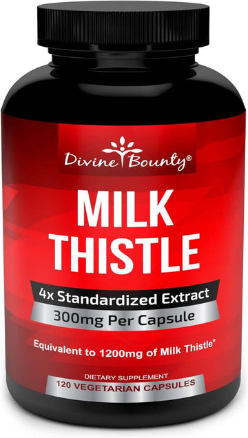 Divine Bounty Pure Milk Thistle Capsules Supplement - A Potent 1200mg Milk Thistle Supplement with 4X Concentrated Extract (Standardized) 120 Vegetarian Capsules