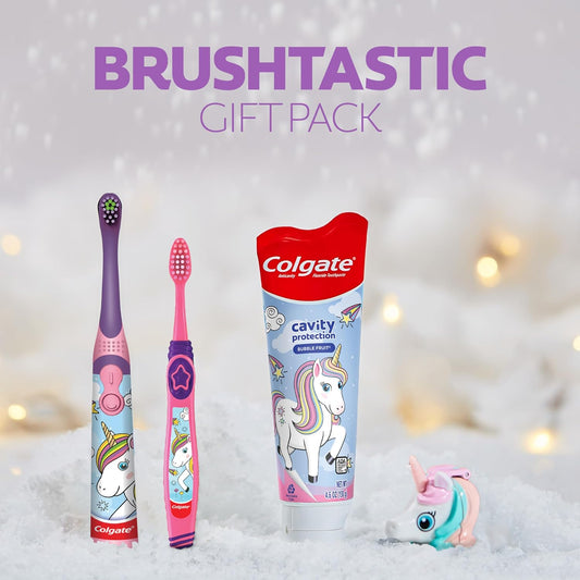 Colgate Kids Toothbrush Set With Toothpaste, Unicorn Gift Set With 1 Manual Toothbrush, 1 Battery-Powered Toothbrush, 1 Kids Fluoride Toothpaste, And 1 Toothbrush Cover