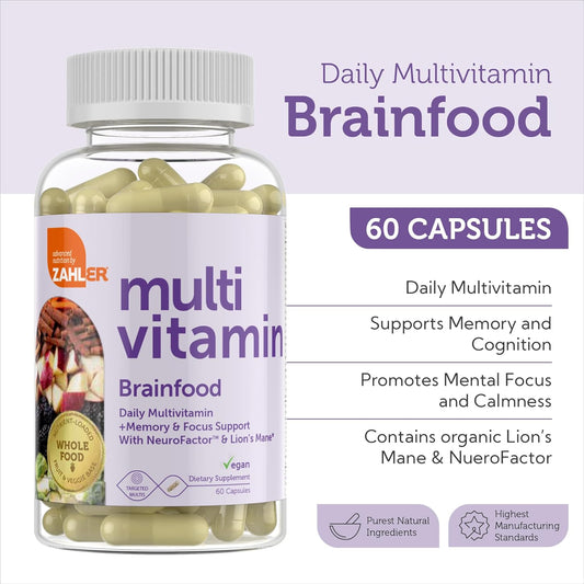 Zahler - Multivitamin Brain Supplement (60 Count) Kosher Brainfood Capsules For Adults With Neuro Factor & Lion'S Mane - Nootropic Brain Supplements For Memory Support - Focus Mental Energy Boost