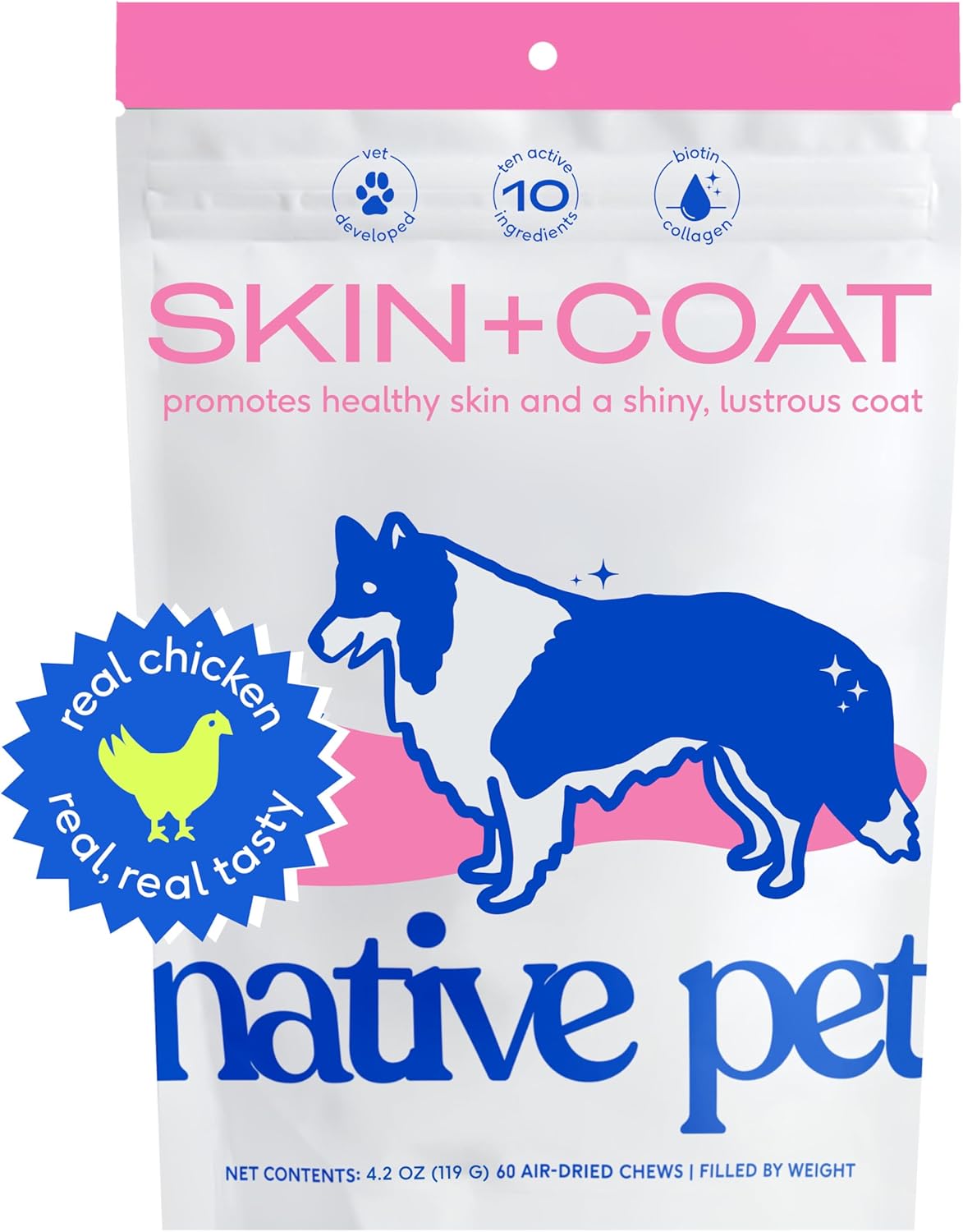 Native Pet Skin And Coat Chews For Dogs - Made With Wild-Caught Salmon Oil For Dogs Skin And Coat - Omega 3 For Dogs - Dog Shedding Supplement For Dog Hair Loss Treatment, Dog Hair Regrowth - 60 Chews