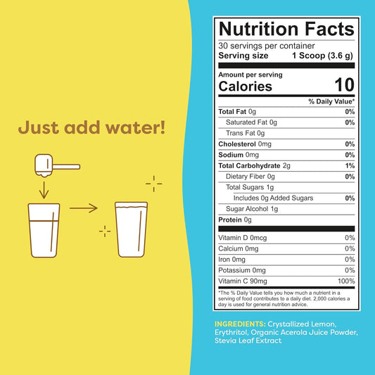 Flavcity Superfood Lemonade Drink Mix - Sugar-Free Lemonade Powder With Real Crystallized Lemon & Organic Acerola - 100% Dv Vitamin C - Keto, Gluten-Free, Non-Gmo (30 Servings)