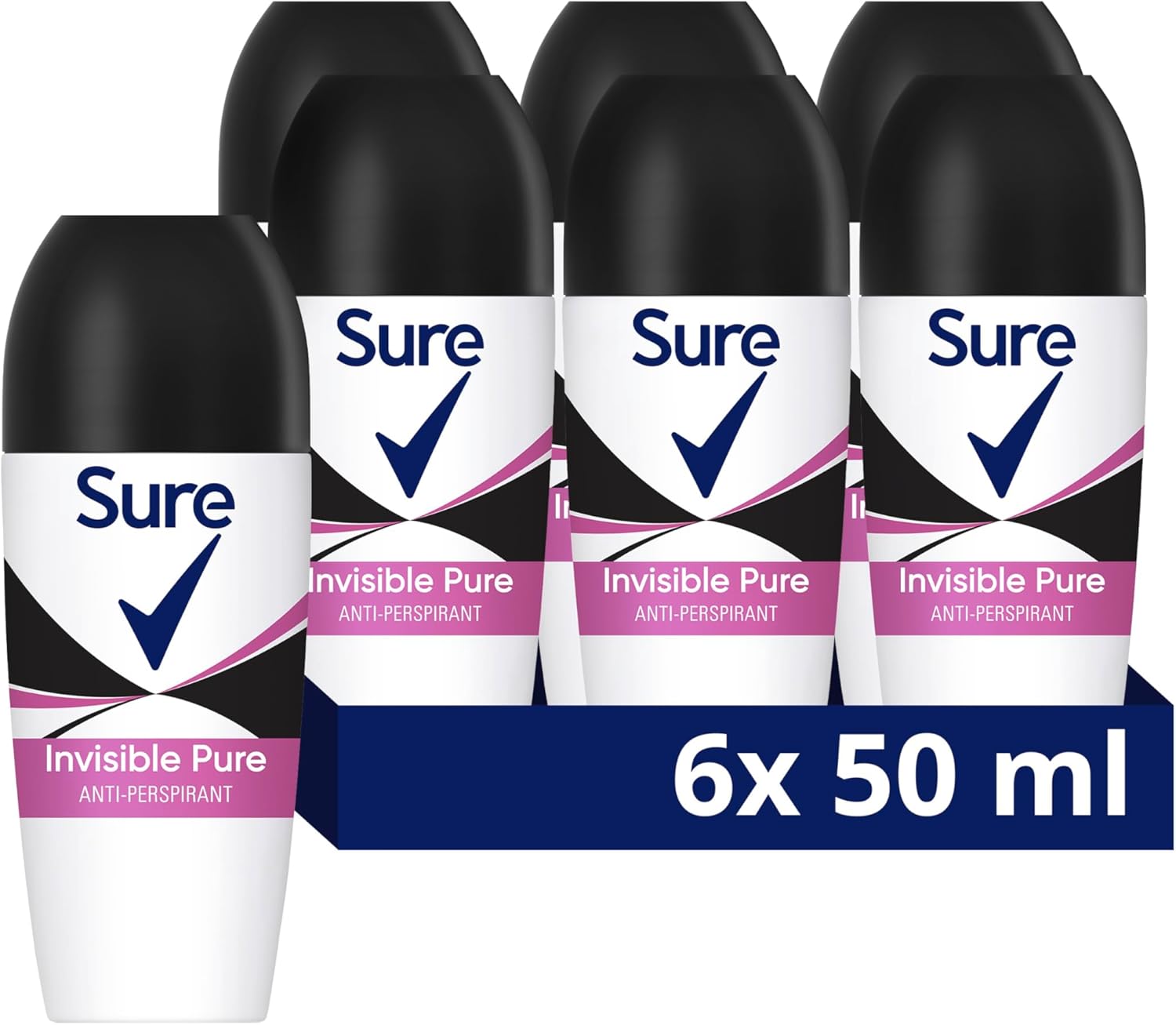 Sure Invisible Pure Anti-Perspirant Roll On For 48-Hour Sweat And Odour Protection Deodorant For Women That Protects Against White Marks And Yellow Stains 6X 50 Ml
