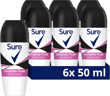 Sure Invisible Pure Anti-Perspirant Roll On For 48-Hour Sweat And Odour Protection Deodorant For Women That Protects Against White Marks And Yellow Stains 6X 50 Ml