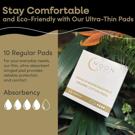 MoonPads Regular 10 Premium Organic Cotton Sanitary Ultra Thin Pads Wings for Women w/Sensitive Skin, 100% Biodegradable,Super Absorbency Pad, Hypoallergenic,BPA-Free, Vegan & Cruelty-Free, Non-Toxic