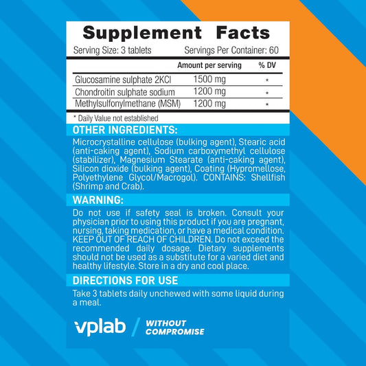 Vplab Glucosamine Chondroitin Msm Complex - Triple Strength Formula Supplement For Joint Support & Mobility - Glucosamine Sulphate 2Kcl, Chondroitin Sulphate Sodium & Methylsulfonylmethane, 180