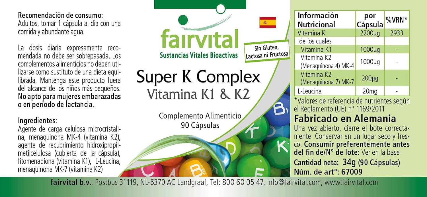 Fairvital | Super K complex - BULK PACK for 3 months - VEGAN - HIGH DOSAGE - 90 capsules - vitamin K1 (phytomenadione) and K2 (menaquinone MK-7) : Amazon.co.uk: Health & Personal Care