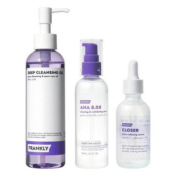 Frankly Ultimate Pore Care Set Jumbo : Deep Cleansing Oil, Closer Serum, Aha 8.05% Toner | Bha & Lha Pore Purifying Cleanser, Peptide Serum, Glycolic Acid Exfoliating Toner | Vegan, Cruelty-Free