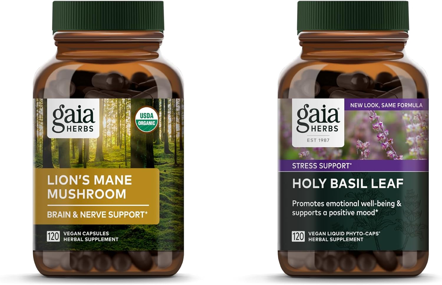 Gaia Herbs Lion’S Mane Mushroom - Help Maintain Neurological Health - 120 Vegan Liquid Phyto-Capsules & Holy Basil Leaf - Helps Sustain A Positive Mindset And Balance In Times Of Stress - 120 Vegan Li