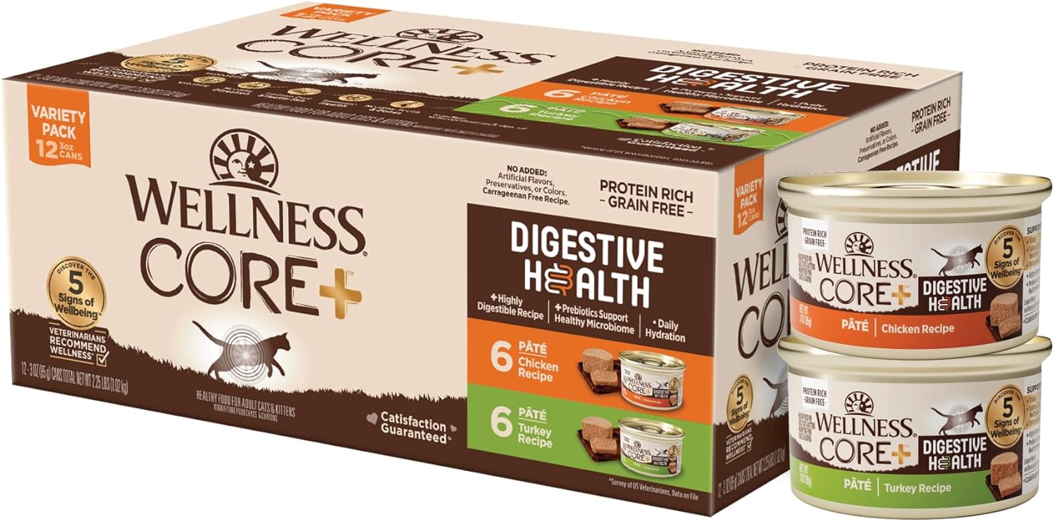 Wellness Core+ Digestive Health Grain-Free Natural Wet Cat Food, Sensitive Stomach, Easily Digestible (Chicken/Turkey Variety Pack, 3 Ounce Can, 12 Pack)