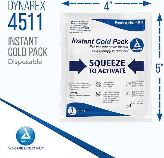 Dynarex Disposable Ice Packs For Injuries - Instant Cold Packs, First Aid, Swelling, Sprains & Pain, Single Use Cold Compress Packs, 4" X 5", 24-Pack